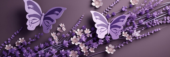 Greeting card for Happy Birthday or Women's Day, Card in purple tones decorated with butterflies and lavender, Generative AI