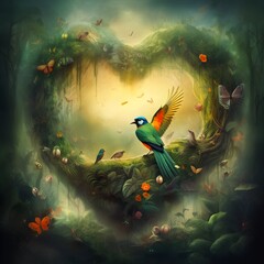Colorful fantasy heart, light beam, green forest, Birds, wildlife,