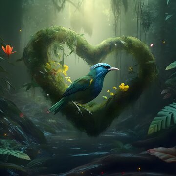 Colorful fantasy heart, light beam, green forest, Birds, wildlife,