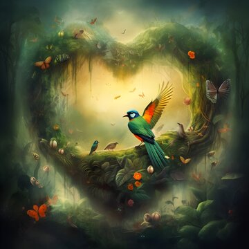 Colorful fantasy heart, light beam, green forest, Birds, wildlife,