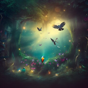 Colorful fantasy heart, light beam, green forest, Birds, wildlife,