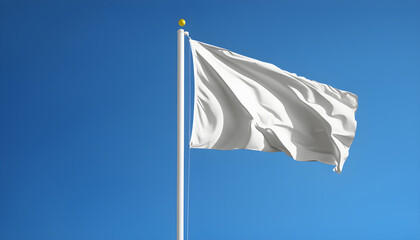 White flag waving in the wind on flagpole, isolated on blue background, flag national