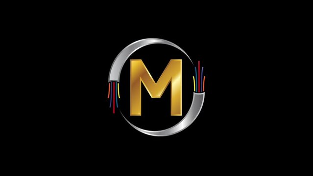 Modern M Initial Logo Animation Reveals Silver Circuit Cable Wiring Gold Letter Design Backdrop