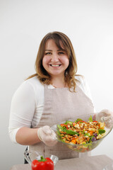 beautifully I'm a middle-aged woman in my hands with salad with nuts croutons delicious vegetables prepared by cook delicious lunch Healthy food vegetarianism strictest diet it's time to lose weight