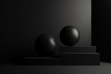 Beauty, fashion, make-up concept. Minimalistic product placement podium made from various black matte geometric shapes with copy space. Minimalistic and futuristic looking style. Generative AI