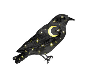 Celestial raven with space inside. Night stars and moon. Watercolor vector black bird  with black sky in cosmos. Fantasy design element - 595760080