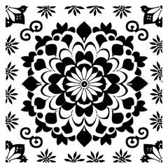 Floral Mandala Pattern Vector Black and White Design