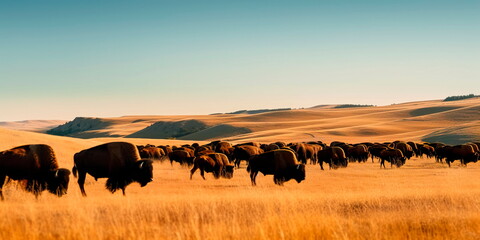 Obraz premium herd of bison grazing on a plain, with rolling hills and a clear blue sky. Generative AI