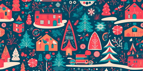 holiday-inspired design, featuring traditional elements such as Christmas trees, presents, and ornaments. Generative AI