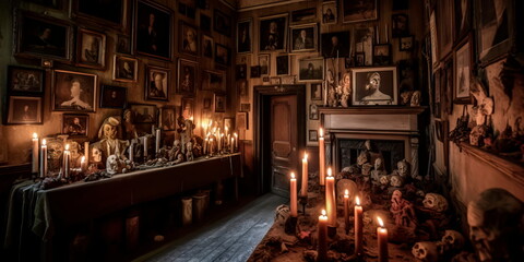 sinister mansion with creepy dolls and portraits lining the walls, with flickering candles and creaking floorboards adding to the spooky ambiance. Generative AI