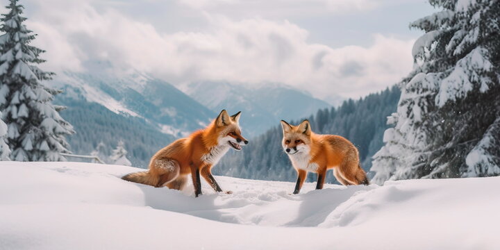 pair of foxes playing in the snow, with pine trees and a mountain range in the background. Generative AI