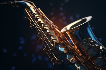 Saxophone music with geometric shapes. Copy space. 3D art. Generative AI