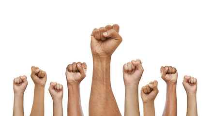 Hands raised up man and women isolated on white, Human equal rights , labor day, right for freedom,...