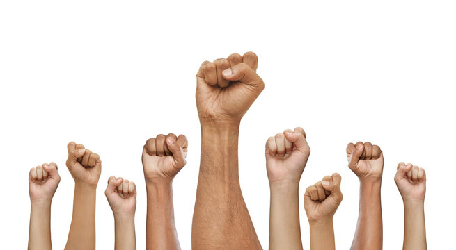 Hands raised up man and women isolated on white, Human equal rights , labor day, right for freedom, election, power of common people.