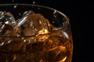 Close-up of a chilled beverage with ice cube against a black background. Generative AI