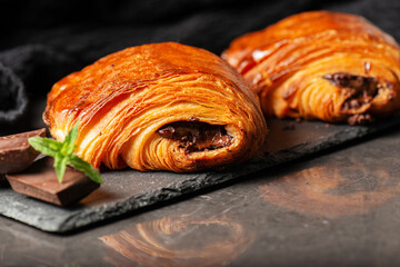Delectable golden brown baked Pain au chocolat.