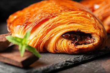Delectable golden brown baked Pain au chocolat.