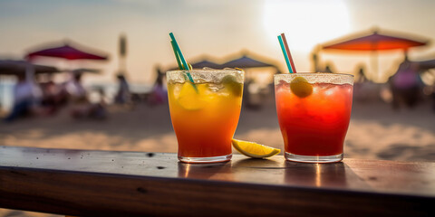 close-up of tropical cocktail drinks, selective focus and details. alcoholic drink refreshment on beach. digital ai art