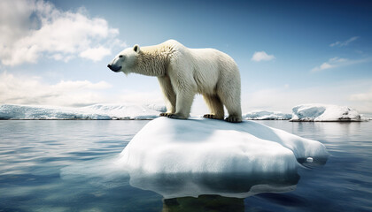 Fototapeta na wymiar Generative AI technology. Pollution, polar bear at risk on melting ice.