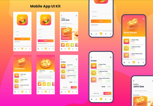 Mobile Food Delivery App Ui and Ux Screen Layouts. Colorful Gradient, UI and UX Layouts.