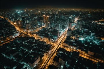 Fototapeta na wymiar Bangkok Thailand's illuminated smart infrastructure network in the evening. Generative AI