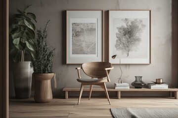Scandinavian poster frames, wood, chair, eucalyptus. Close-up render of home interior. Generative AI
