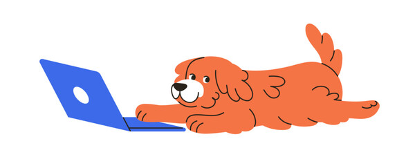 Cute dog at laptop. Funny puppy in internet, online at notebook computer. Amusing happy doggy, PC user. Canine animal, pup using technology. Flat vector illustration isolated on white background