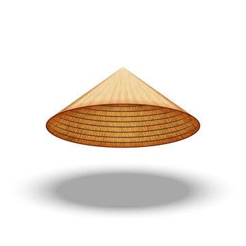 Asian conical hat isolated on white background front view, 3d realistic vector clipart, simple style of conically shaped sun hat.