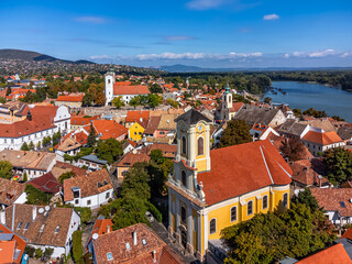 Szentendre, Hungary - Aerial view of Saint Peter and Paul Church on a sunny day with Saint John the Baptist's Parish Church, Blagovestenska Church, Saint Peter and Paul Church and clear blue sky