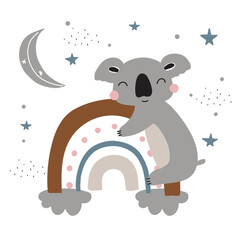 Cute koala on a rainbow illustration in scandinavian style. Childish print for baby, baby clothes, poster, postcard. Vector illustration