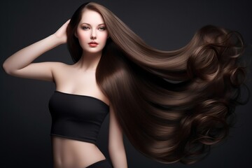 Fototapeta premium Beautiful brunette woman. Ai. With long wavy hair
