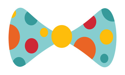 Blue clown bow tie with orange, red, and yellow dots on it. Circus dress element.