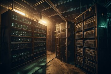 Computer storage racks in secure room for cryptocurrency mining. Generative AI