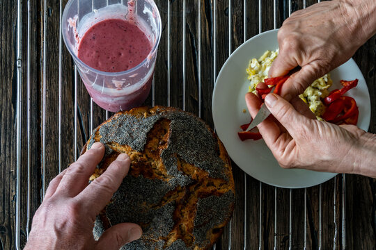 Freshly baked poppy seed bread, scrambled eggs and a smoothie.