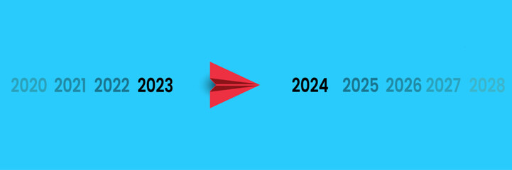 Red airplane flying from Year 2023 to Year 2024. Happy New Year 2024 text design. For brochure, template, card, banner. vector illustration. new year idea concept.
