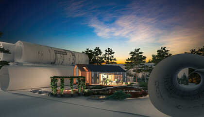 Bauplanung eines energieeffizienten Einfamilienhauses in moderner Scheunenarchitektur mit Garten und Terrasse bei Nachtbeleuchtug (Abendrot im Hintergrund) - 3D Visualisierung