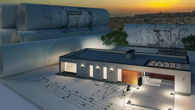 Bauplannung an einem Bungalow in moderner Architektur bei Abendbeleuchtung (Sonnenuntergang &uuml;ber Cagliari im Hintergrund) - 3D Visualisierung mit Video-Hintergrund