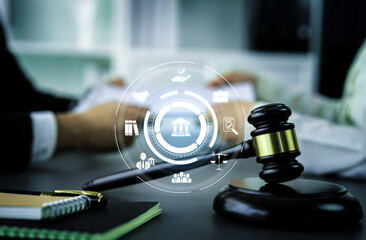 Smart law, legal advice icons and lawyer working tools in the lawyers office showing concept of...