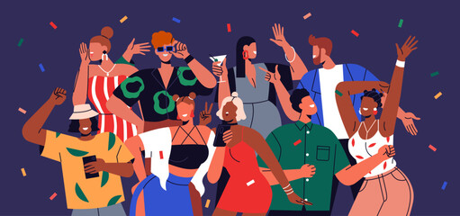 Happy young people celebrating. Excited youth crowd portrait at festive party. Joyful funky friends, women and men hanging out, gathering together at festive night disco. Flat vector illustration