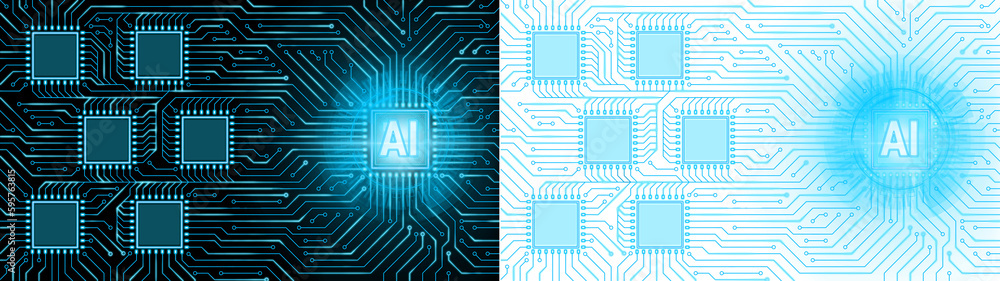 Poster highly rendering of circuit board with artificial intelligence ai icon on blue transparent backgroun