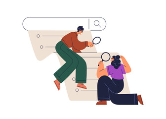 Online marketing analysis and SEO concept. Search engine bar, tiny people with magnifying glasses surfing internet, analyzing queries, keywords. Flat vector illustration isolated on white background