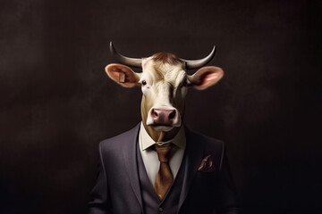 a male cow in a business suit exudes a sense of professionalism and reliability, making it the perfect image for any branding or marketing campaign. generative AI.