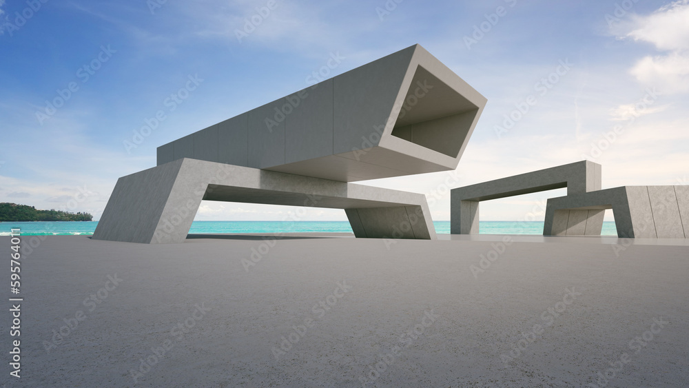 Poster abstract architecture design of modern building. empty parking area concrete floor with beach and bl