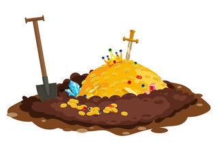 Treasure pile full of treasures, gold coins, Digging Hole in the ground, © hadeev