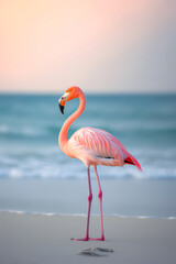 Summer tropical animal concept, exotic pink flamingo on the beach, seashore, hot sand and sunny summer day. Illustration, Generative AI.