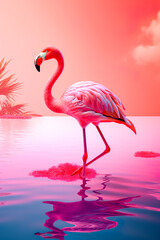 Summer tropical animal concept, exotic pink flamingo on the beach, seashore, hot sand and sunny summer day. Illustration, Generative AI.