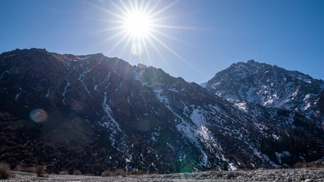 time lapse, hyperlapse in the mountains of the national park of Kyrgyzstan Ala Archa, camera movement, beautiful mountain landscape
