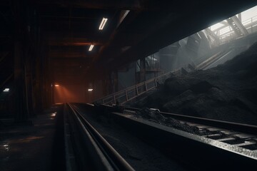 Active mining belt conveying coal. Generative AI