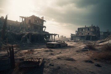 Fototapeta na wymiar Barren post-apocalyptic terrain in ruins. Generative AI