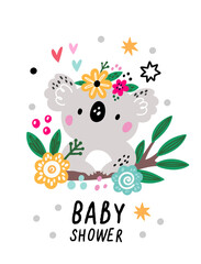 Fototapeta na wymiar Cute koala card. Baby shower holiday. Birth anniversary celebration. Cartoon exotic animal with floral wreath. Flowers and plant branch leaves. Mammals muzzle. Vector kids banner design
